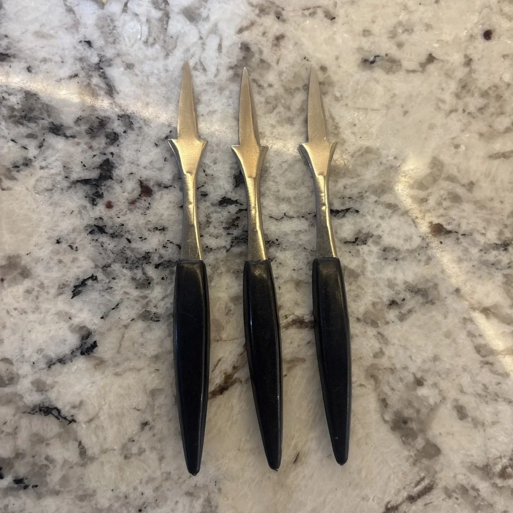 15‎ NOS Vtg MCM Hors d'oeuvres Stainless Black Handled Olive Picks Forks Japan